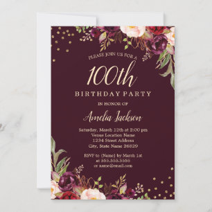 Gold Burgundy floral Sparkle 100th Birthday Party Kaart