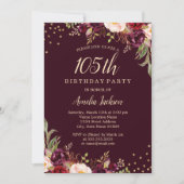 Gold Burgundy floral Sparkle 105th Birthday Party Kaart (Voorkant)