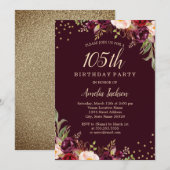Gold Burgundy floral Sparkle 105th Birthday Party Kaart (Voorkant / Achterkant)