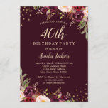 Gold Burgundy floral Sparkle 40th Birthday Party Kaart<br><div class="desc">Floral Birthday-uitnodigingen in de Little Bayleigh Store.</div>