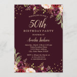 Gold Burgundy floral Sparkle 50th Birthday Party Kaart<br><div class="desc">Floral Birthday-uitnodigingen in de Little Bayleigh Store.</div>