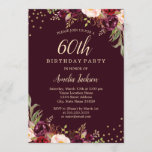 Gold Burgundy floral Sparkle 60th Birthday Party Kaart<br><div class="desc">Floral Birthday-uitnodigingen in de Little Bayleigh Store.</div>