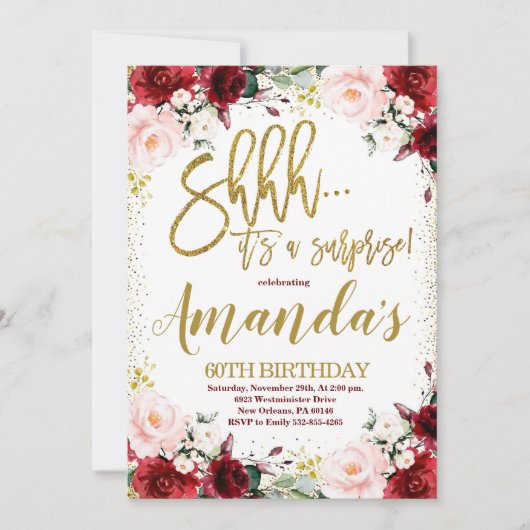 Gold & Burgundy Floral Surprise Birthday Party Kaart (Voorkant)