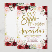 Gold & Burgundy Floral Surprise Birthday Party Kaart (Voorkant / Achterkant)