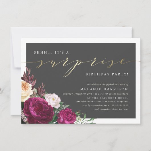 Gold & Burgundy Floral Surprise Birthday Party Kaart (Voorkant)