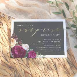Gold & Burgundy Floral Surprise Birthday Party Kaart