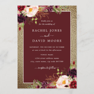 Gold Burgundy Floral Waterverf Wedding Invite Kaart