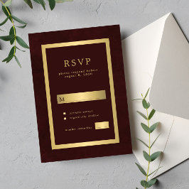 Gold burgundy formal wedding modern typography RSVP kaartje