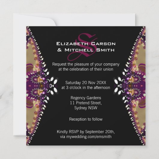 Gold Burgundy Fractal Lace Monogram Weddenschap Kaart (Achterkant)