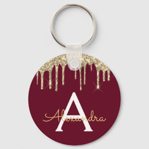 Gold Burgundy Girly Sparkly Glitter Monogram Sleutelhanger
