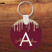 Gold Burgundy Girly Sparkly Glitter Monogram Sleutelhanger (Voorkant)
