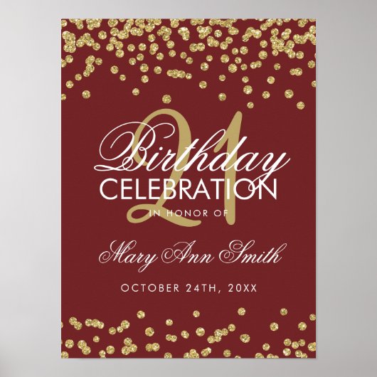 Gold Burgundy Glitter Confetti 21ste verjaardag Poster (Voorkant)