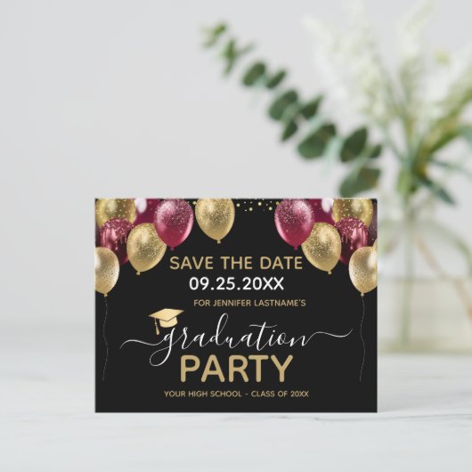 Gold Burgundy Graduation Party Save the Date Briefkaart (Staand voorkant)