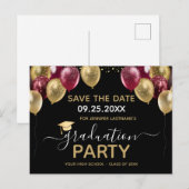 Gold Burgundy Graduation Party Save the Date Briefkaart (Voorkant / Achterkant)