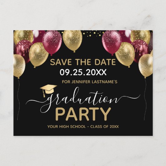 Gold Burgundy Graduation Party Save the Date Briefkaart (Voorkant)