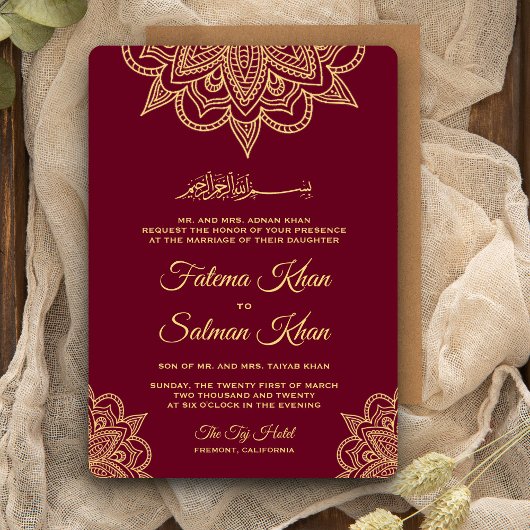 Gold Burgundy Henna Mehndi Islamic Wedding Kaart