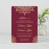 Gold Burgundy Henna Mehndi Islamic Wedding Kaart (Staand voorkant)