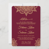 Gold Burgundy Henna Mehndi Islamic Wedding Kaart (Voorkant)