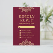 Gold Burgundy Mehendi Henna Indian Wedding RSVP Kaartje (Staand voorkant)