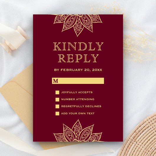 Gold Burgundy Mehendi Henna Indian Wedding RSVP Kaartje