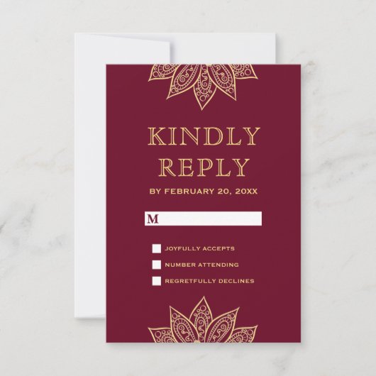 Gold Burgundy Mehendi Henna Indian Wedding RSVP Kaartje (Voorkant)