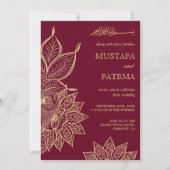Gold Burgundy Mehendi Henna Islamic Wedding Kaart (Voorkant)