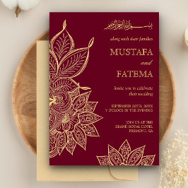 Gold Burgundy Mehendi Henna Islamic Wedding Kaart