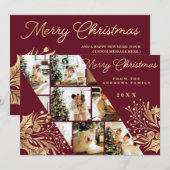 Gold Burgundy Merry Kerstmis Foto Collage Feestdagenkaart (Voorkant / Achterkant)