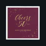 Gold & Burgundy Modern Cheers 50th Birthday Party Servet<br><div class="desc">Deze aangepaste papieren servet voegt stijlvolle details toe aan uw speciale dag. Dit ontwerp is voorzien van een gladde grafische vormgeving en typografie "Cheers to 50 years" in een gouden foliestructuur op een rode achtergrond die onder vuur ligt. Ideaal voor een modern gouden thema 50ste verjaardagsfeestje. In mijn winkel BaraBomDesign...</div>