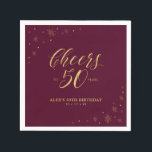 Gold & Burgundy Modern Cheers 50th Birthday Party Servet<br><div class="desc">Deze aangepaste papieren servet voegt stijlvolle details toe aan uw speciale dag. Dit ontwerp is voorzien van een gladde grafische vormgeving en typografie "Cheers to 50 years" in een gouden foliestructuur op een rode achtergrond die onder vuur ligt. Ideaal voor een modern gouden thema 50ste verjaardagsfeestje. In mijn winkel BaraBomDesign...</div>