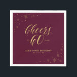 Gold & Burgundy Modern Cheers 60th Birthday Party Servet<br><div class="desc">Deze aangepaste papieren servet voegt stijlvolle details toe aan uw speciale dag. Dit ontwerp is voorzien van een gladde grafische vormgeving en typografie "Cheers to 60 years" in een gouden foliestructuur op een rode achtergrond die onder vuur ligt. Ideaal voor een modern gouden thema op 60ste verjaardagsfeestje. In mijn winkel...</div>