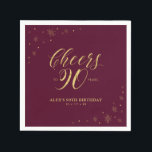 Gold & Burgundy Modern Cheers 90th Birthday Party Servet<br><div class="desc">Deze aangepaste papieren servet voegt stijlvolle details toe aan uw speciale dag. Dit ontwerp is voorzien van een gladde grafische vormgeving en typografie "Cheers to 90 years" in een gouden foliestructuur op een rode achtergrond die onder vuur ligt. Ideaal voor een modern gouden thema op het 90ste verjaardagsfeest. In mijn...</div>