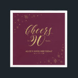 Gold & Burgundy Modern Cheers 90th Birthday Party Servet<br><div class="desc">Deze aangepaste papieren servet voegt stijlvolle details toe aan uw speciale dag. Dit ontwerp is voorzien van een gladde grafische vormgeving en typografie "Cheers to 90 years" in een gouden foliestructuur op een rode achtergrond die onder vuur ligt. Ideaal voor een modern gouden thema op het 90ste verjaardagsfeest. In mijn...</div>