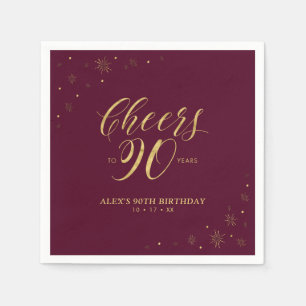 Gold & Burgundy Modern Cheers 90th Birthday Party Servet