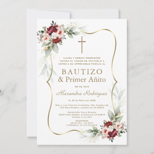 Gold Burgundy Peach Flowers 1st Birthday Baptism  Kaart (Voorkant)