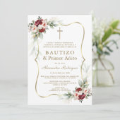 Gold Burgundy Peach Flowers 1st Birthday Baptism  Kaart (Staand voorkant)