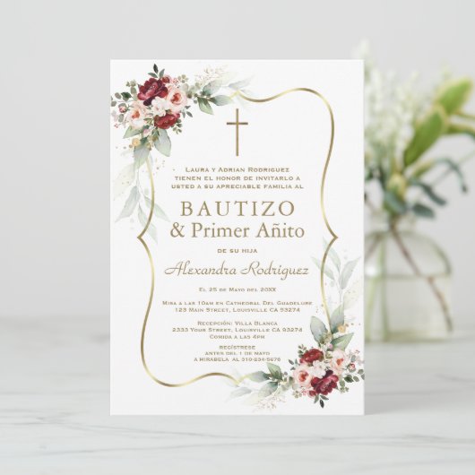 Gold Burgundy Peach Flowers 1st Birthday Baptism  Kaart (Staand voorkant)