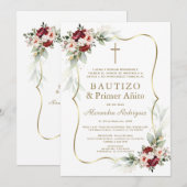 Gold Burgundy Peach Flowers 1st Birthday Baptism  Kaart (Voorkant / Achterkant)