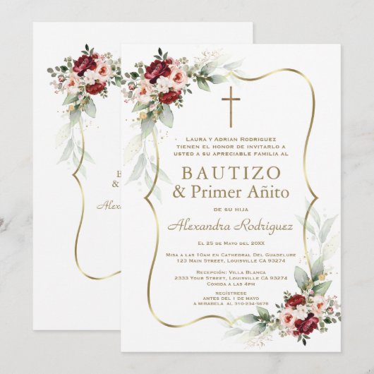 Gold Burgundy Peach Flowers 1st Birthday Baptism  Kaart (Voorkant / Achterkant)