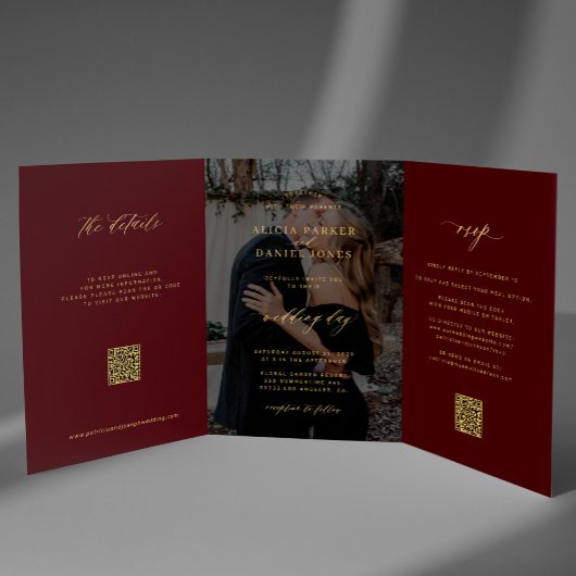 Gold burgundy photo wedding RSVP details QR code  Drieluik Uitnodiging