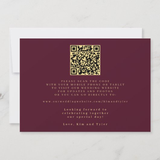 Gold burgundy QR code simple elegant wedding  Save The Date (Achterkant)
