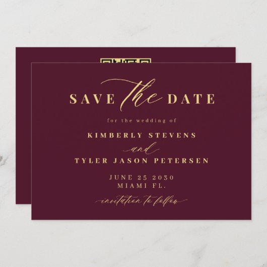 Gold burgundy QR code simple elegant wedding  Save The Date (Voorkant / Achterkant)