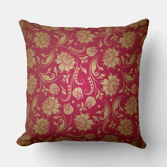 Gold & Burgundy Red Floral Damascus Pattern Kussen (Voorkant)