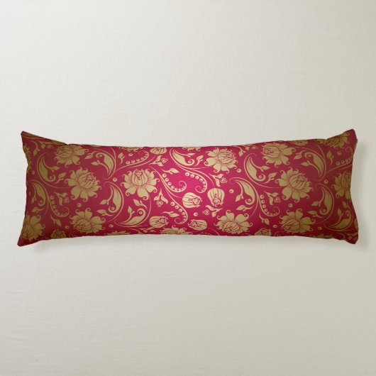 Gold & Burgundy Red Floral Damascus Pattern Lichaamskussen (Voorkant)