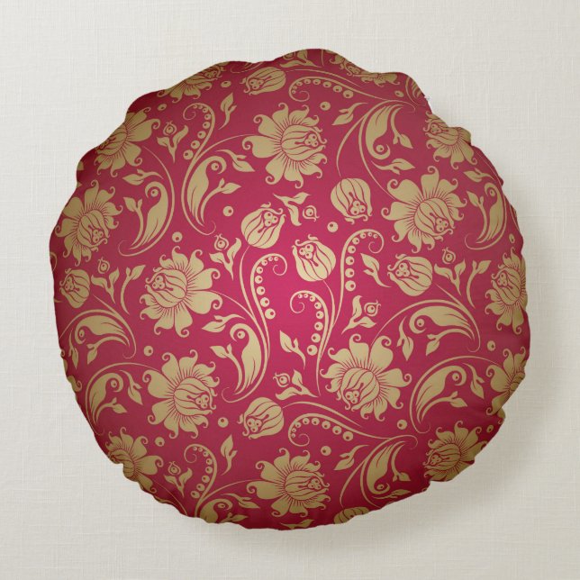 Gold & Burgundy Red Floral Damascus Pattern Rond Kussen (Achterkant)