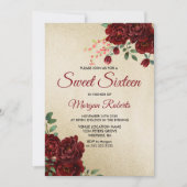 Gold Burgundy Red Rose Floral Sweet 16 Invite Kaart (Voorkant)