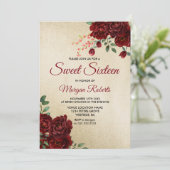 Gold Burgundy Red Rose Floral Sweet 16 Invite Kaart (Staand voorkant)