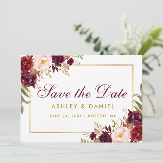 Gold Burgundy redt de datum van Floral Save The Date (Staand voorkant)