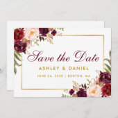 Gold Burgundy redt de datum van Floral Save The Date (Voorkant / Achterkant)