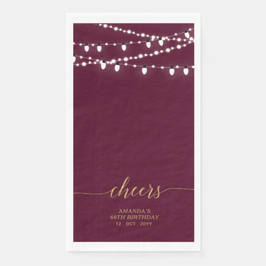 Gold Burgundy String Lights Lettering Cheers Servet (Voorkant)
